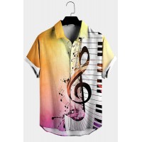 MENS MUSIC NOTE PRINT LAPEL CASUAL LOOSE SHORT SLEEVE HAWAIIAN SHIRT