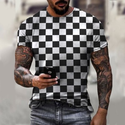 Round neck black and white plaid creative T-shirt HF2214-02-04